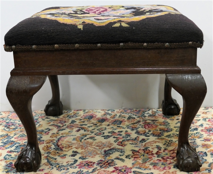 Mahogany Ball and Claw Foot  Stool - Needle Point Upholstered Top with Nail Head Trim - Stool Measures 14" tall 18" by 17"