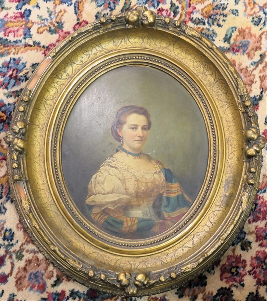 1850s - 1860s Oil on Board Portrait in Fine Gold Gilt Frame - Julia Hilliard Hall - of Norwalk Conn. - Born 1831 - Died Age 92 in 1923 or 1924 - Information on Back of Frame - Frame Measures 16...