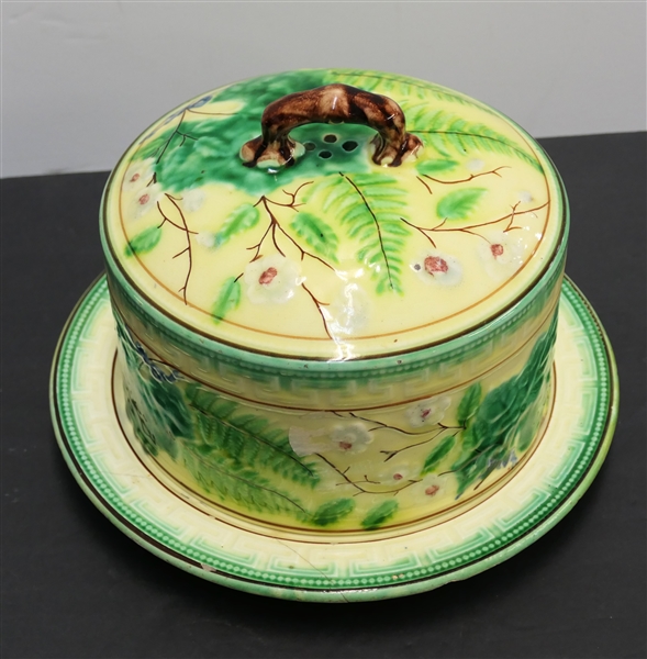 Nineteenth Century Majolica Cheese with Flowers and Fern Leaves - Greek Key Trim - Dome and Underplate Measure 8" tall 11" Across - Underplate Has Been Repaired - Dome Has Chip on Bottom and Some...