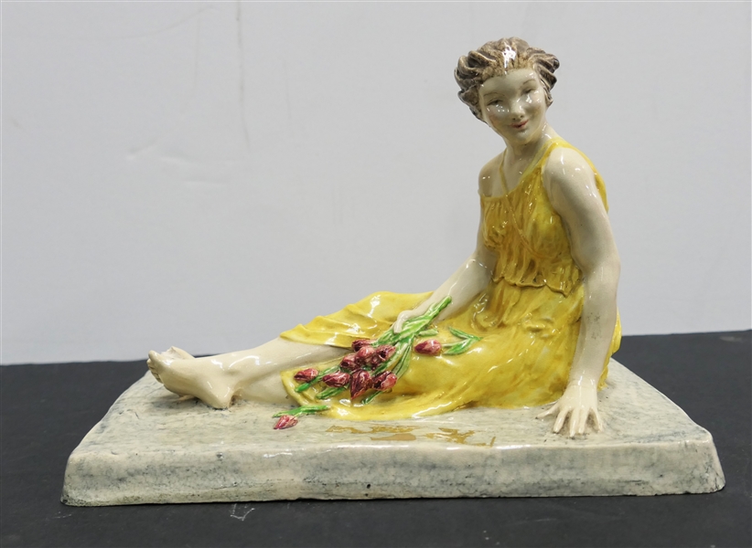 "Young April" Helen Wickham England - Statue Lady Wearing Yellow Dress with Tulip Flowers - Statue Measures 5 1/2" Tall 7" by 4" - Broken Toes on One Foot 