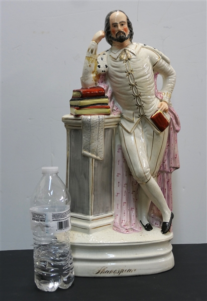 Nineteenth Century Victorian Staffordshire Shakespeare Statue - Shakespeare Standing with Books on Column and Book in Hand - Statue Measures 19" Tall 9" Across - Head and Arm Have Been Repaired