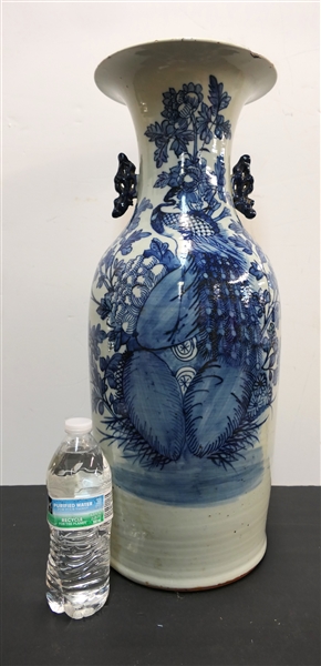 Qing Dynasty Chinese Export Blue and White Large Peacock Vase - Flared Rim with Blue Handles - Peacock with Flowers - Vase Measures 23" Tall 9" Across - Chip on Inside of Top Rim 