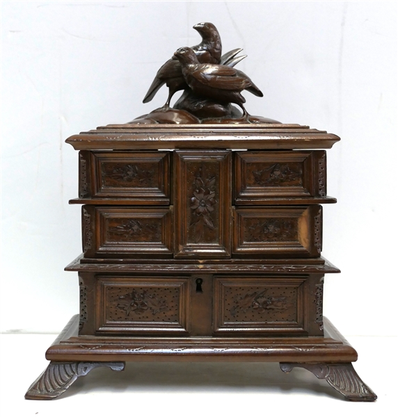 Swiss Black Forest 3 Tier Jewelry Box - Carved Birds At Top - Carved Flowers - Blue Velvet Lining - Box Measures 7 1/2" Tall 9" by 4 1/2" Not Including Finial - One Small Trim Piece Missing 