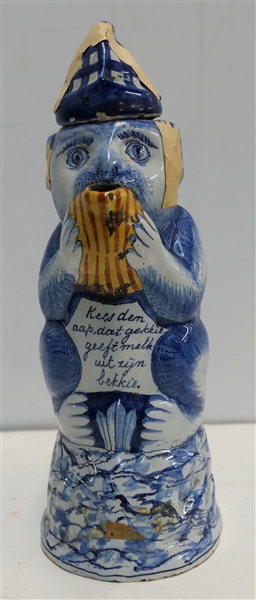 Eighteenth Century Dutch Delft Poly Chrome Monkey Pitcher with Lid - Poem on Belly, Delft Mark on Bottom - Measures 9" Tall - Hat Has Been Repaired / Damaged