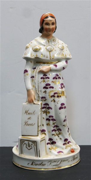 Highly Detailed Nineteenth Century Paris France Porcelain Figural  "Venus" Perfume Bottle  - Woman with Purple Floral Dress - Gold Accents - Statue Measures 10 1/2" Tall  - Missing Stopper