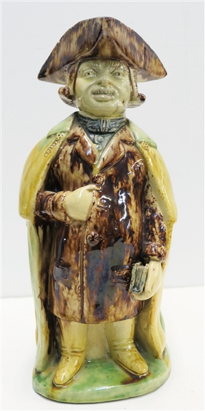 Eighteenth Century Staffordshire Toby Jug with Hat Lid - Unusual Figural Handle - Hat Has Some Damage - Jug Measures 11" Tall 