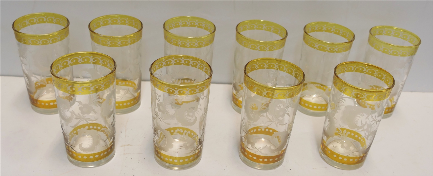 10 Bohemian Glass Tumblers - Amber Glass Top and Bottom Trim with Beautiful Etched Measures 4 1/4" tall 2 1/2" Across