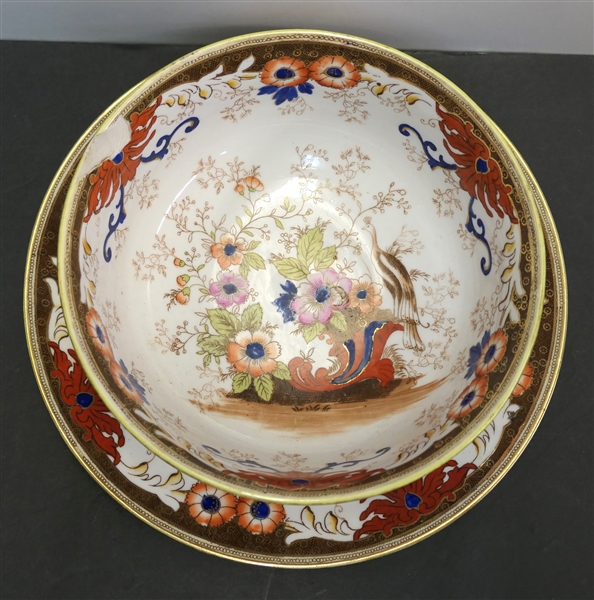 Hand Painted Nippon Bowl and Underplate - Bowl with Flowers and Peacock - Underplate Measures 10 1/2" Across Bowl Measures 8 1/4" Across - Bowl Has Large Chip 