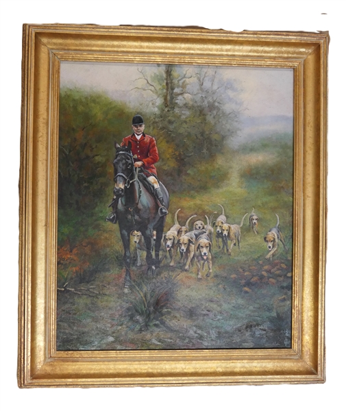 Outstanding Oil on Canvas Hunt Scene Painting - Signed Rafael - Hunter on Horse Back with Hounds  -Framed in Fine Gold Gilt Frame - Frame Measures 30" by 25 1/2" 