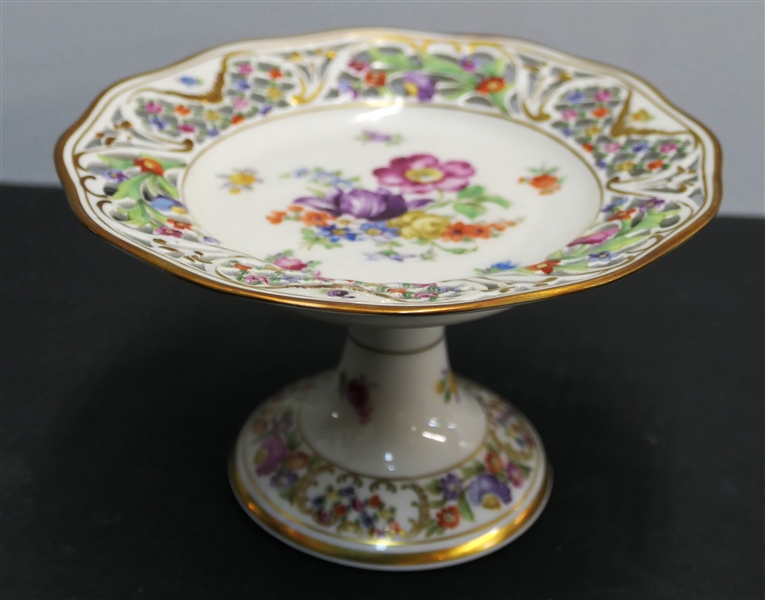 Schumann Bavaria "Chateau" Dresden Flowers Small Compote with Pierced Rim -Compote Measures 4" tall 6 1/2" Across