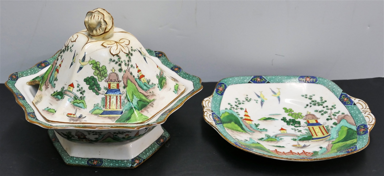 Crown Staffordshire England "Ye Olde Willow" Tureen and Double Handled Plate - Plate Measures 9 3/4" Handle to Handle - Tureen Lid Has Been Repaired - Bottom is Good 