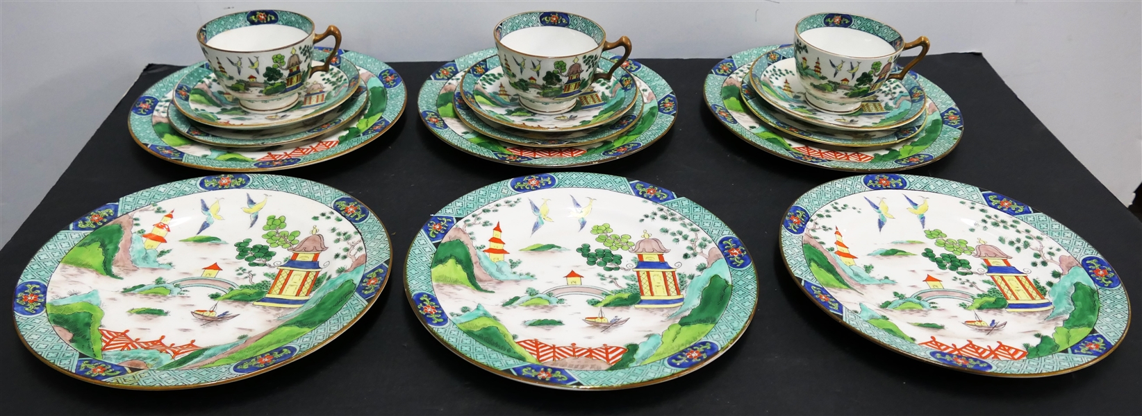 15 Pieces of Staffordshire England "Ye Olde Willow" - 3 Cup, Saucer, Dessert, and Luncheon Trio Sets, and 3 -  8 1/8" Plates 