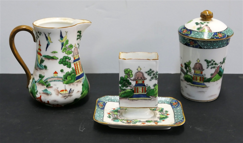 Crown Staffordshire England "Ye Olde Willow" Cream, Sugar, and Match Holder - From Tiffany & Co. New York - Match Holder Measures 3 1/2" tall 