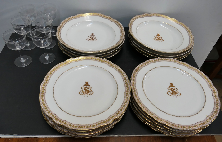 "S" Monogrammed China and Goblets - 18 Pieces of China - 1880 - 1890 Lerosay France - Hand Painted Porcelain Plates and Rimmed Soup Bowls with  "S" Monogram and 6 "S" Etched Crystal Goblets - "S"...