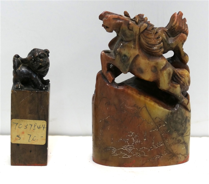 2 Stone Carved Chinese Seal Stamps - Griswold and Griswold Smith - Largest with Running Horses Measures 4" Tall 