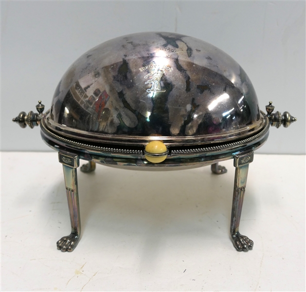 Martin, Hall, & Co. Revolving Top Silverplate Serving Dish with "Forget Not" Engraved in Lid - Bone / Ivory Knob Handle - Claw Feet - Server Measures 8" Tall 12" Long