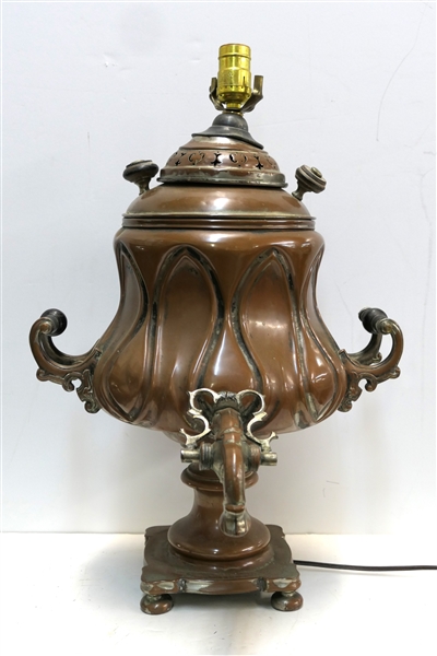 Large Antique Copper Hot Water Urn Converted To Table Lamp - Weighted with Lead at Base - Lamp Measures 23" Tall 