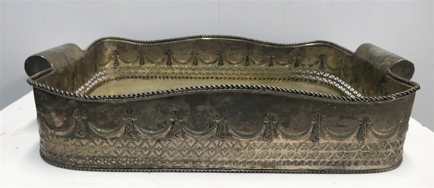 Large Silverplate Embossed Tray with Pierced Gallery - Engraved Center and Handles - Embossed Details Around Sides - Tray Measures 5" Tall 24" by 15"