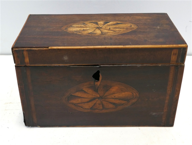 Inlaid Letter Box with Pin Wheel Inlay on Top and Front - Inlaid Bands on Ends - Box Measures 4 3/4" Tall 7 3/4" By 4 1/4" - Box Hinges Need Repair - Missing Small Piece of Veneer on Lid 