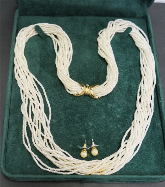 Multi Strand Seed Pearl Necklace with Large 14kt Yellow Gold Bow Clasp and Pair of Pearl Earrings (Not Gold) - Necklace Measures 30" Long - From Fiskin & Parker Jewelers