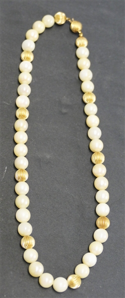 14kt Yellow Gold and Pearl Necklace - Pearls Alternating with Gold Ribbed Beads and Gold Clasp - Marked 585 - Necklace Measures 15"