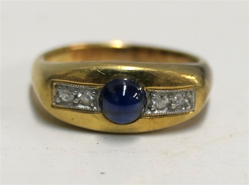 18kt Yellow Gold Ring with 4 Diamonds and Center Sapphire Cabochon Stone - Ring Weighs 4.8 Grams