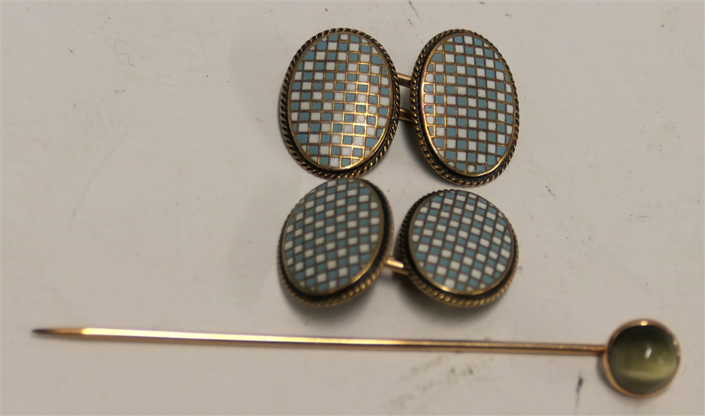 Beautiful Blue and White Check Enameled Cufflinks - Possibly 10kt Gold and Possibly Gold Stick Pin with Tiger-eye Cabochon Stone - 9.9 Grams Total Weight 