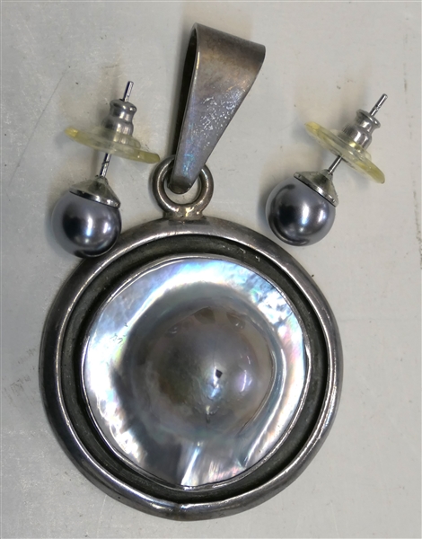 Charles Albert Fine Sterling Silver Blistered Pearl Pendant and Pair of Sterling Silver Pearl Earrings - Pendant Measures 2 1/4" Long 1 1/2" Across