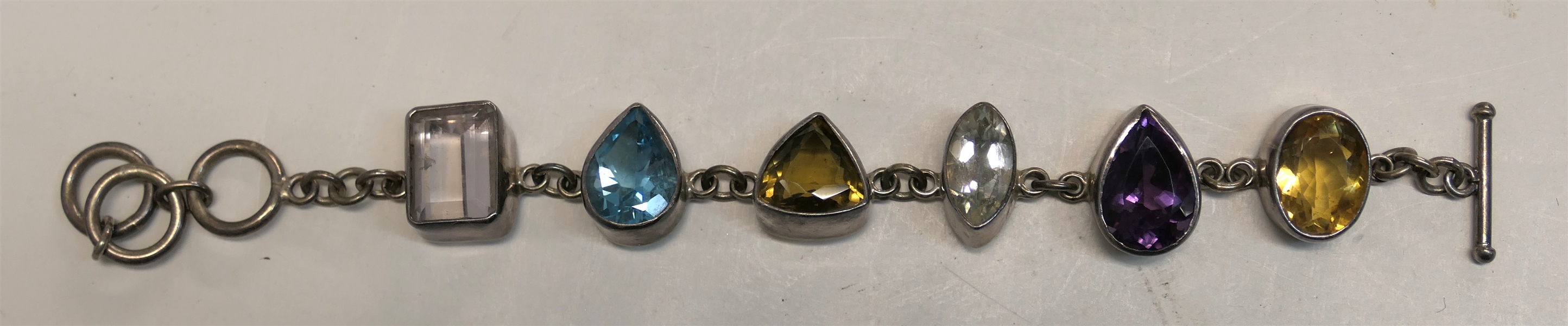 Charles Albert Fine Sterling Silver Station Bracelet with 6 Faceted Gemstones - Toggle Clasp - Bracelet Measures 8" Long