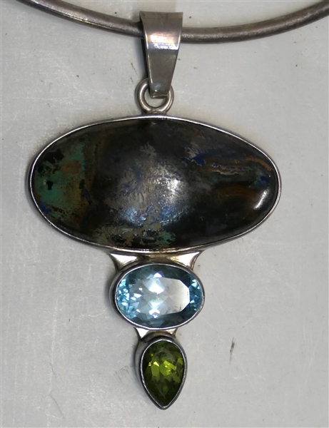 Charles Albert Fine Sterling Silver Pendant on Sterling Silver Necklace - Unusual Blue and Green Cab Over Blue and Green Topaz Faceted Stones - Pendant Measures 2 1/2" Long by 1 1/2" Across