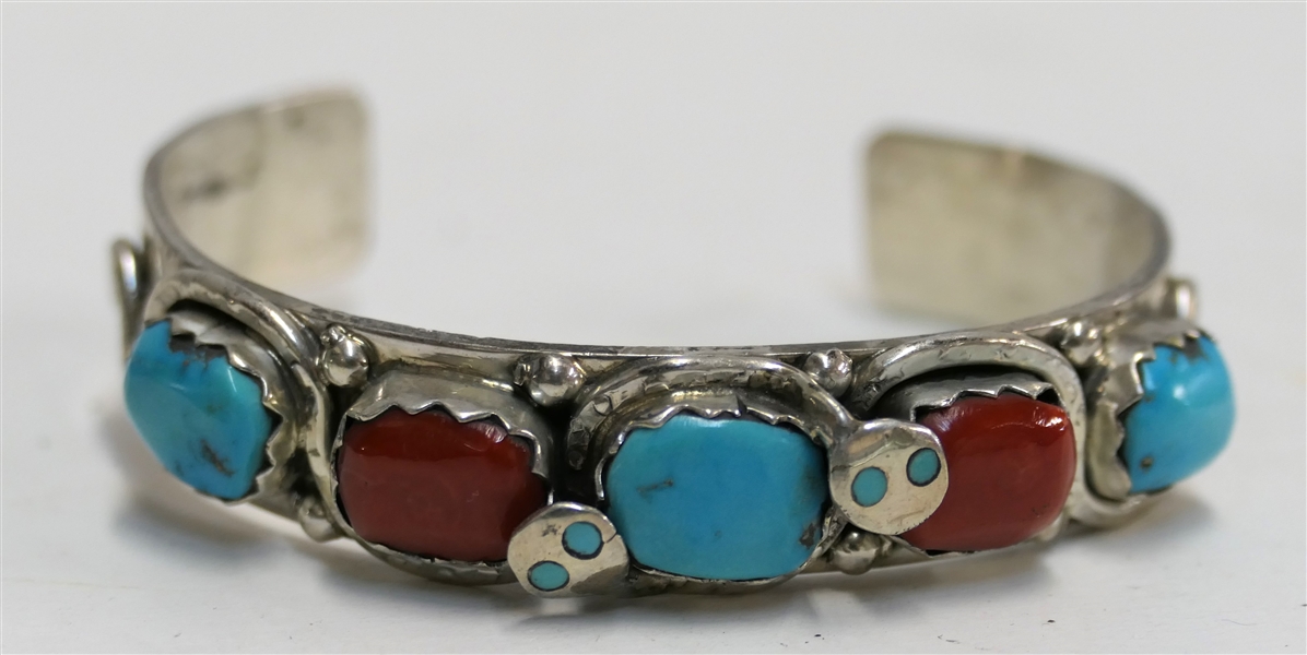 Effie G. Zuni Indian Sterling Silver Cuff Bracelet  with Coral and Turquoise Stones - Entwined Snakes - Bracelet Measures 14" Wide 