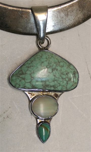 Charles Albert Fine Sterling Silver Turquoise Pendant on Wide Mexico Sterling Silver Necklace - Pendant Measures 2 1/4" Long 1 1/4" Across