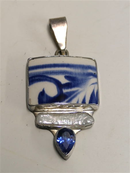 Charles Albert Fine Sterling Silver Pendant  - Blue and White Ironstone Set in Sterling Silver Over Baroque Peral and Blue Faceted Stone - Pendant Measures 2 3/4"  by 1 1/4"