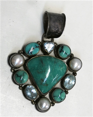 Beautiful Sterling Silver Turquoise Pendant - Triangular Turquoise Surrounded by Round and Oval Turquoises, Pearls, and Pale Blue Faceted Stones - Pendant Measures 2 1/2 By 1 3/4 