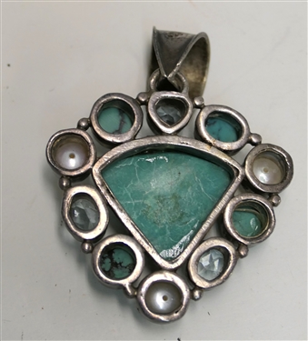 Beautiful Sterling Silver Turquoise Pendant - Triangular Turquoise Surrounded by Round and Oval Turquoises, Pearls, and Pale Blue Faceted Stones - Pendant Measures 2 1/2 By 1 3/4 