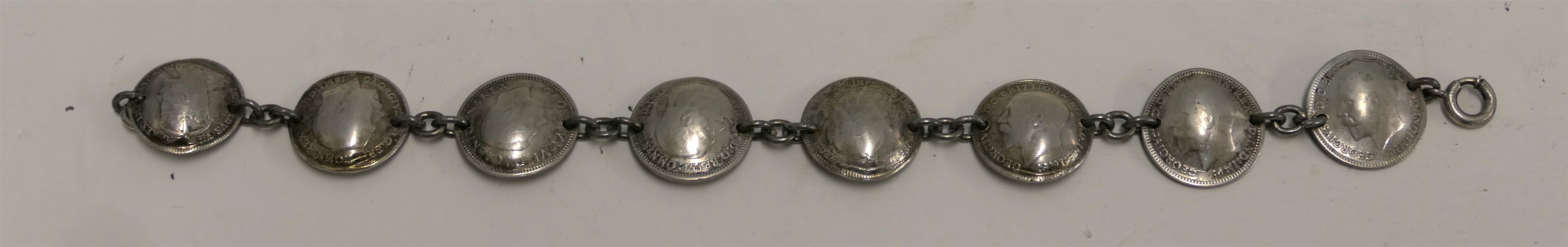 British Silver Coin Bracelet - 8 - Georgivs v dg.britt omn rex f.d ind imp Coins - Late 1800s and Early 1900s - Bracelet Measures 7"