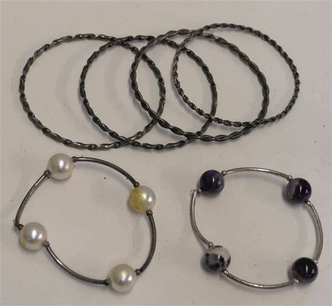 6 Silver Bracelets - 4 Bangles and 2 Stretch Bracelets 