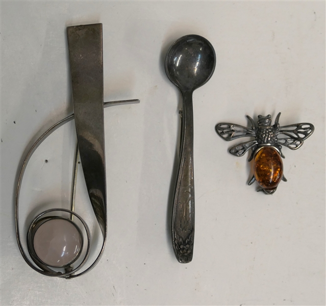 3 Sterling Silver Pins - Bee Pin with Amber, Longer Brooch with Rose Quartz, and Spoon Pin 