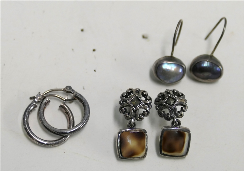 3 Pairs of Dainty Sterling Silver Earrings - Hoops, Pearls, and Tortoise Shell