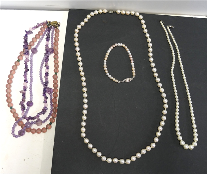 2 Pearl Necklaces with Sterling Silver Clasps, Pearl Bracelet with Sterling Silver Clasp, and Purple Beaded Multi Strand Necklace with Sterling Silver Clasp - Graduating Pearl Necklace Measures 18"