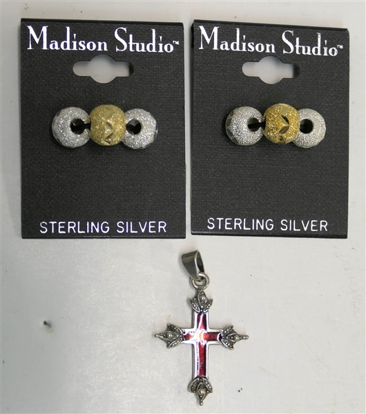 Sterling Silver Pendant and Beads - 6 New Sterling Silver Beads and Sterling Silver Cross Pendant - Cross Measures 1" Long