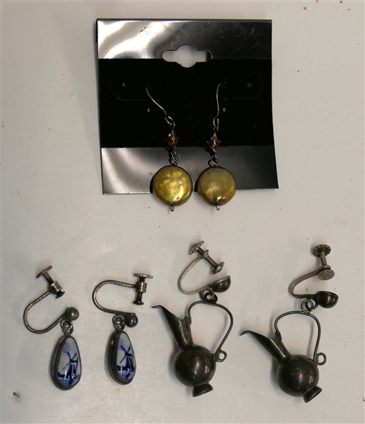 3 Pairs of Sterling Silver Dangle Earrings - Delft, Native American, and Coin Pearl