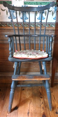 Blue Painted Windsor Youth Chair - Beautiful Rose Needlework Cushion - Chair Measures  - 40" Tall 22" To Seat