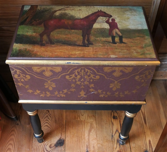 Beautiful Storage Box on Legs - Horse and Jockey Scene on Top - Velvet Lined Box - Overall Measures - 22 1/2" Tall 18" by 12" 