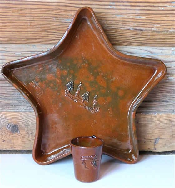 Star Shaped Pottery Dish and Shot Glass with Grapes and Leaves - Star Measures 10" Across