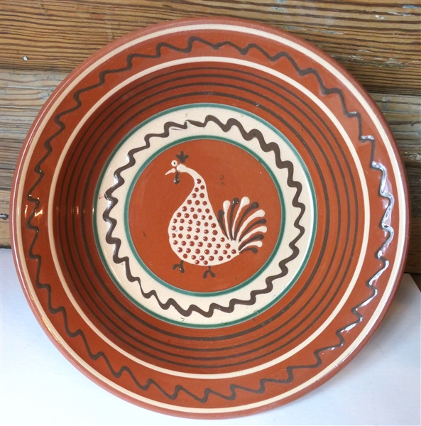 H & E Pugh New Salem NC Slip Decorated Pottery Bowl with Rooster in Center - Bowl Measure 3 1/4" Tall 11 1/2" Across