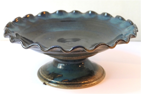 Studio Art Pottery Compote / Footed Bowl - Fluted Edges - Artist Signed on Bottom- Stand Measures 5" tall 11 1/2" Across