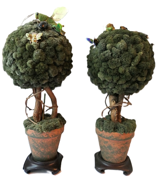 Pair of Whimsical Moss Topiaries with Terracotta Pots - Wood Stands - Decorated with Enameled Frogs, and Insects - Each Measures 20" tall 