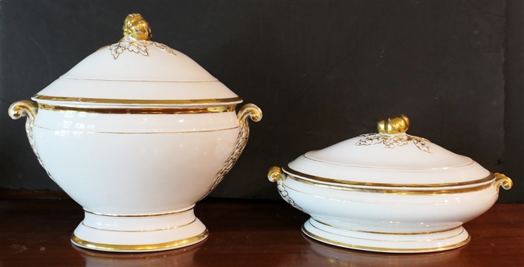 19th Century French Porcelain Tureen and Covered Vegetable Dishes - White Porcelain with Gold Accents - Molded Fruit Finials on Lids - Scrolled Handles - Tureen Measures 12" tall 12" Across -...