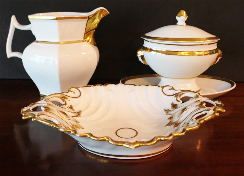 3 Pieces of 19th Century French Porcelain - Paneled Pitcher, Small Tureen with Attached Underplate, and Bowl - Pitcher Measures 7" Tall 